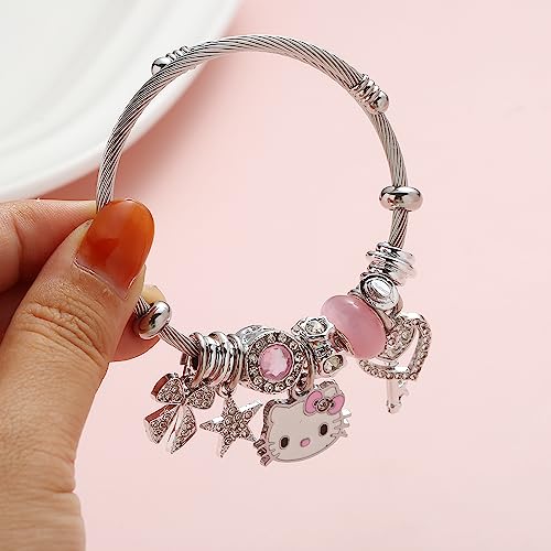 Kueeger Kawaii Hello Kitty Cuff Bangle Bracelets for Women Girls, Adjustable Stainless Steel Hello Kitty Charm Bracelet with Cute KT Box,Sanrio KT Accessories for Girlfriend BFF Jewelry Gifts(Pink)