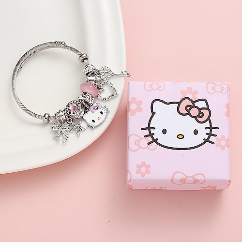 Kueeger Kawaii Hello Kitty Cuff Bangle Bracelets for Women Girls, Adjustable Stainless Steel Hello Kitty Charm Bracelet with Cute KT Box,Sanrio KT Accessories for Girlfriend BFF Jewelry Gifts(Pink)