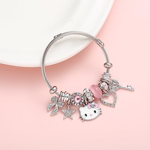 Kueeger Kawaii Hello Kitty Cuff Bangle Bracelets for Women Girls, Adjustable Stainless Steel Hello Kitty Charm Bracelet with Cute KT Box,Sanrio KT Accessories for Girlfriend BFF Jewelry Gifts(Pink)