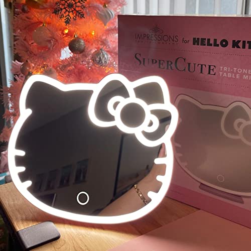 Impressions Vanity Supercute Hello Kitty Tabletop Desk Mirror with Lights and Touch Sensor Switch, Adjustable Tri Tone LED Lighted Makeup Mirror with Hidden Extendable Tray and Phone Holder