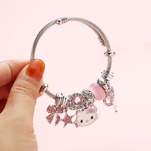 Kueeger Kawaii Hello Kitty Cuff Bangle Bracelets for Women Girls, Adjustable Stainless Steel Hello Kitty Charm Bracelet with Cute KT Box,Sanrio KT Accessories for Girlfriend BFF Jewelry Gifts(Pink)