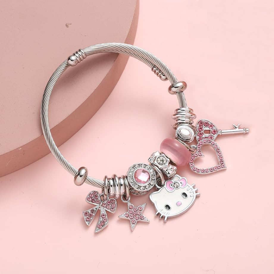 Kueeger Kawaii Hello Kitty Cuff Bangle Bracelets for Women Girls, Adjustable Stainless Steel Hello Kitty Charm Bracelet with Cute KT Box,Sanrio KT Accessories for Girlfriend BFF Jewelry Gifts(Pink)