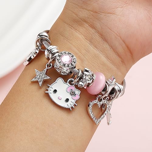 Kueeger Kawaii Hello Kitty Cuff Bangle Bracelets for Women Girls, Adjustable Stainless Steel Hello Kitty Charm Bracelet with Cute KT Box,Sanrio KT Accessories for Girlfriend BFF Jewelry Gifts(Pink)