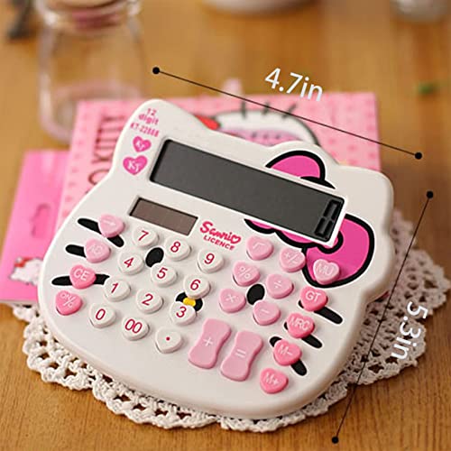 Hello Kitty Calculator, Xinyu Lighting Creative and Cute Solar Calculator, 12-Digit LCD Display, Suitable for Adults and Children, Solar and Battery Powered (White Jewel Model)