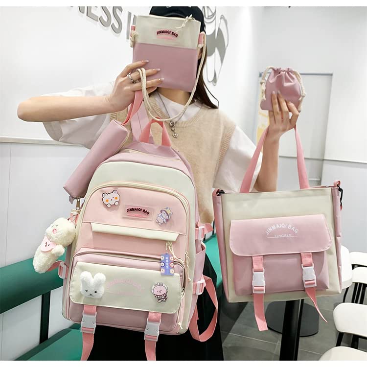 Donloise 5Pcs Kawaii Backpack with Aesthetic Pin Accessories Cute Laptop Ita Bag for Back to School Stationary Supplies (Pink)