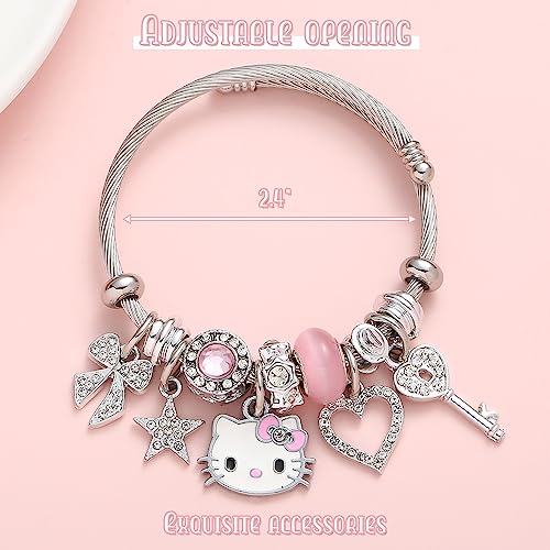 Kueeger Kawaii Hello Kitty Cuff Bangle Bracelets for Women Girls, Adjustable Stainless Steel Hello Kitty Charm Bracelet with Cute KT Box,Sanrio KT Accessories for Girlfriend BFF Jewelry Gifts(Pink)