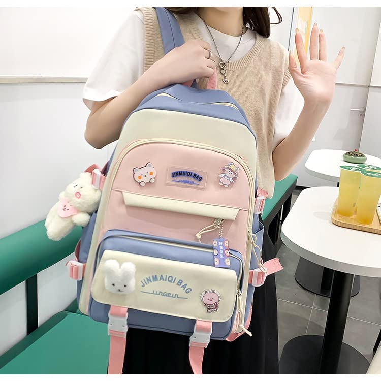 Donloise 5Pcs Kawaii Backpack with Aesthetic Pin Accessories Cute Laptop Ita Bag for Back to School Stationary Supplies (Pink)