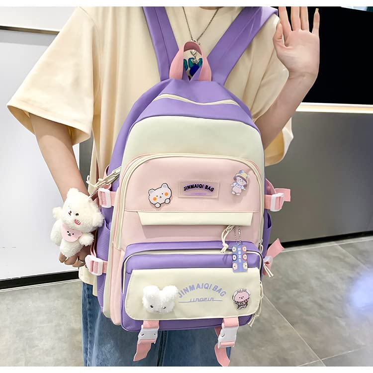 Donloise 5Pcs Kawaii Backpack with Aesthetic Pin Accessories Cute Laptop Ita Bag for Back to School Stationary Supplies (Pink)