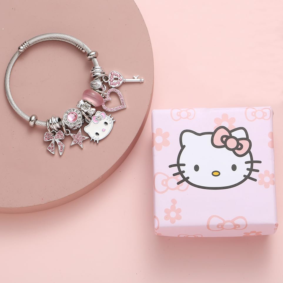 Kueeger Kawaii Hello Kitty Cuff Bangle Bracelets for Women Girls, Adjustable Stainless Steel Hello Kitty Charm Bracelet with Cute KT Box,Sanrio KT Accessories for Girlfriend BFF Jewelry Gifts(Pink)