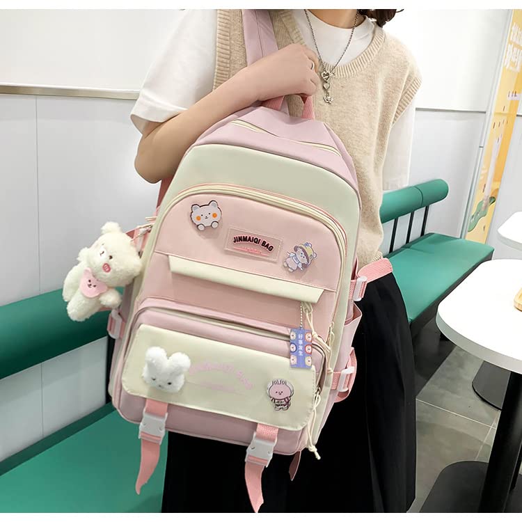 Donloise 5Pcs Kawaii Backpack with Aesthetic Pin Accessories Cute Laptop Ita Bag for Back to School Stationary Supplies (Pink)