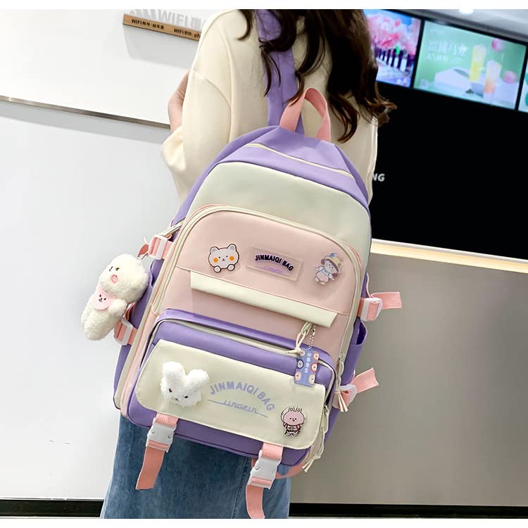 Donloise 5Pcs Kawaii Backpack with Aesthetic Pin Accessories Cute Laptop Ita Bag for Back to School Stationary Supplies (Pink)