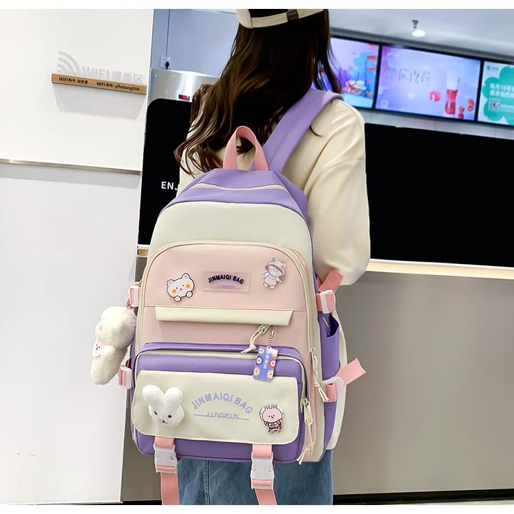 Donloise 5Pcs Kawaii Backpack with Aesthetic Pin Accessories Cute Laptop Ita Bag for Back to School Stationary Supplies (Pink)