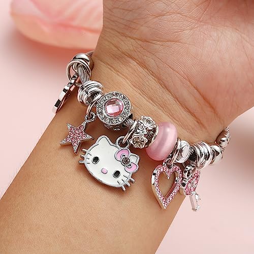 Kueeger Kawaii Hello Kitty Cuff Bangle Bracelets for Women Girls, Adjustable Stainless Steel Hello Kitty Charm Bracelet with Cute KT Box,Sanrio KT Accessories for Girlfriend BFF Jewelry Gifts(Pink)