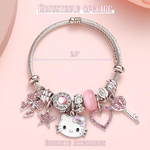 Kueeger Kawaii Hello Kitty Cuff Bangle Bracelets for Women Girls, Adjustable Stainless Steel Hello Kitty Charm Bracelet with Cute KT Box,Sanrio KT Accessories for Girlfriend BFF Jewelry Gifts(Pink)