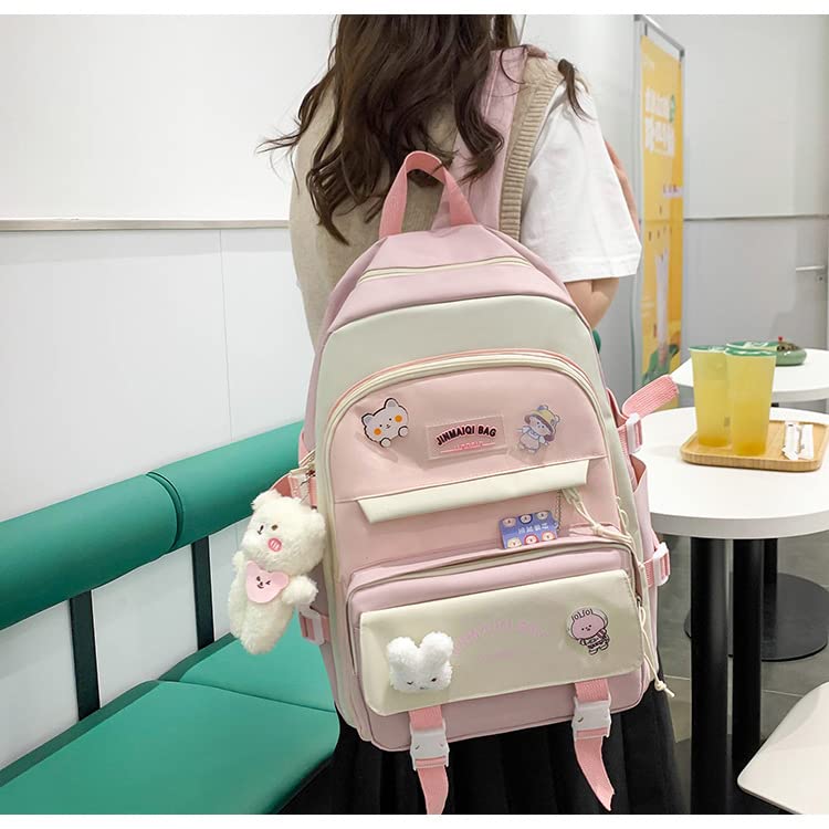 Donloise 5Pcs Kawaii Backpack with Aesthetic Pin Accessories Cute Laptop Ita Bag for Back to School Stationary Supplies (Pink)