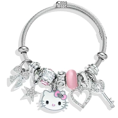 Kueeger Kawaii Hello Kitty Cuff Bangle Bracelets for Women Girls, Adjustable Stainless Steel Hello Kitty Charm Bracelet with Cute KT Box,Sanrio KT Accessories for Girlfriend BFF Jewelry Gifts(Pink)