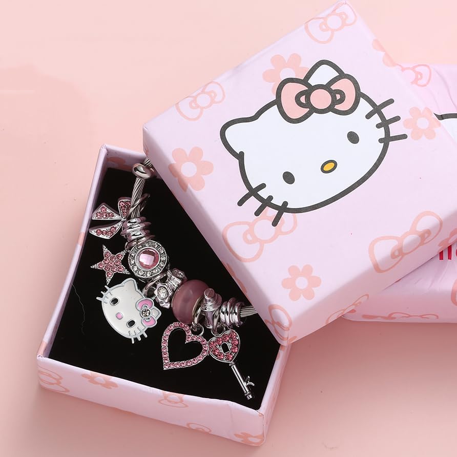 Kueeger Kawaii Hello Kitty Cuff Bangle Bracelets for Women Girls, Adjustable Stainless Steel Hello Kitty Charm Bracelet with Cute KT Box,Sanrio KT Accessories for Girlfriend BFF Jewelry Gifts(Pink)