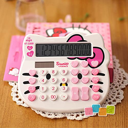 Hello Kitty Calculator, Xinyu Lighting Creative and Cute Solar Calculator, 12-Digit LCD Display, Suitable for Adults and Children, Solar and Battery Powered (White Jewel Model)