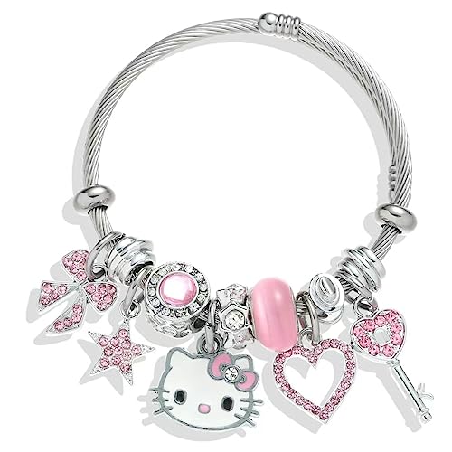 Kueeger Kawaii Hello Kitty Cuff Bangle Bracelets for Women Girls, Adjustable Stainless Steel Hello Kitty Charm Bracelet with Cute KT Box,Sanrio KT Accessories for Girlfriend BFF Jewelry Gifts(Pink)