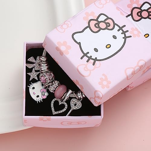 Kueeger Kawaii Hello Kitty Cuff Bangle Bracelets for Women Girls, Adjustable Stainless Steel Hello Kitty Charm Bracelet with Cute KT Box,Sanrio KT Accessories for Girlfriend BFF Jewelry Gifts(Pink)