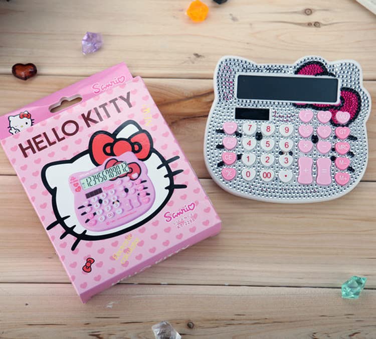 Hello Kitty Calculator, Xinyu Lighting Creative and Cute Solar Calculator, 12-Digit LCD Display, Suitable for Adults and Children, Solar and Battery Powered (White Jewel Model)